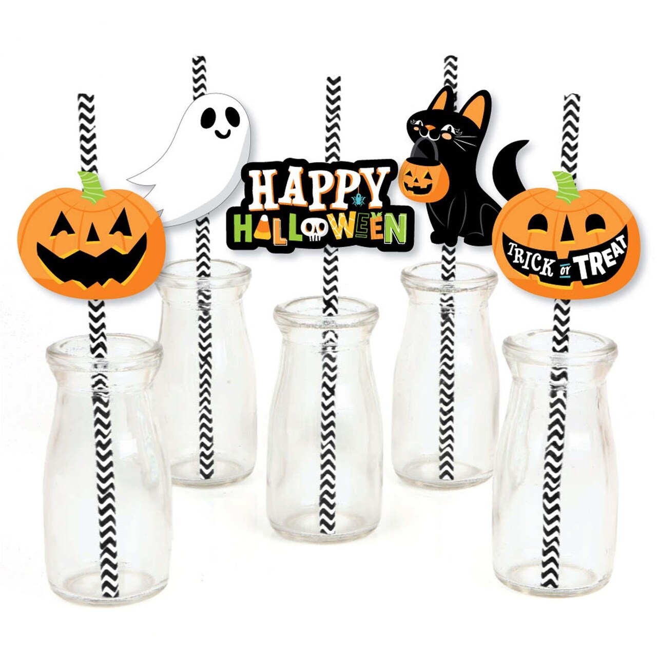 Big Dot of Happiness Jack-O'-Lantern Halloween - Paper Straw Decor - Kids Halloween Party Striped Decorative Straws - Set of 24